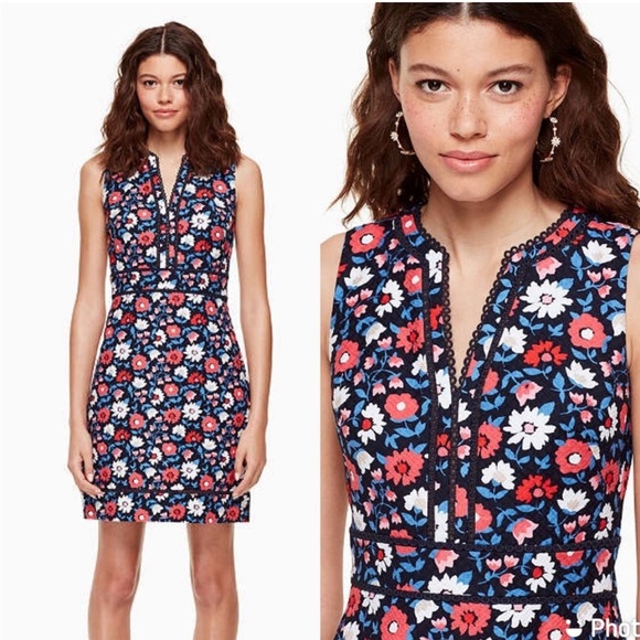 Kate Spade Floral Daisy Jacquard Sleeveless Sheath Mini Dress Boho Preppy Navy 2 - Picture 1 of 9